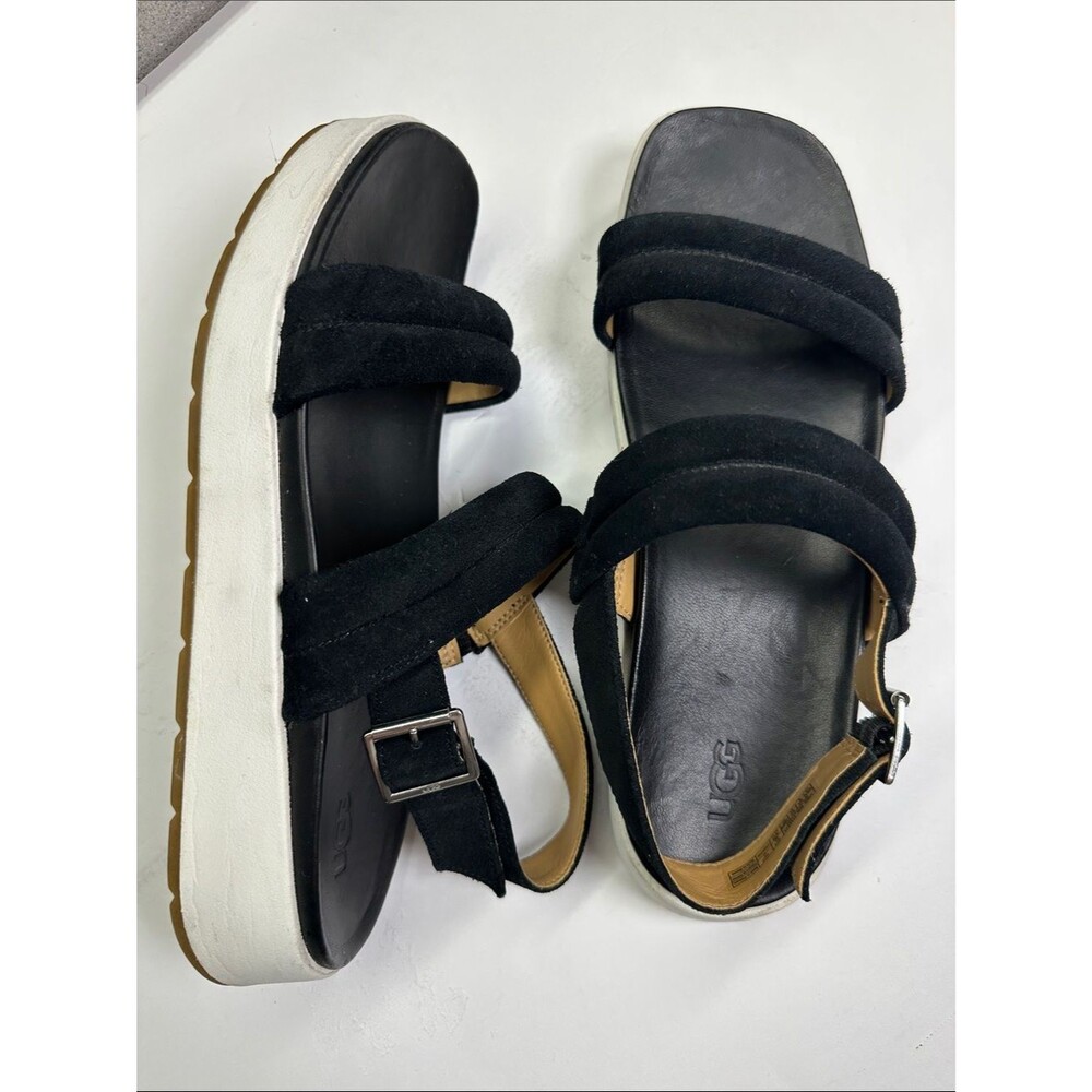 UGG Lynnden Strappy Sandals, Black Suede & White Platform, Buckle Ankle Strap